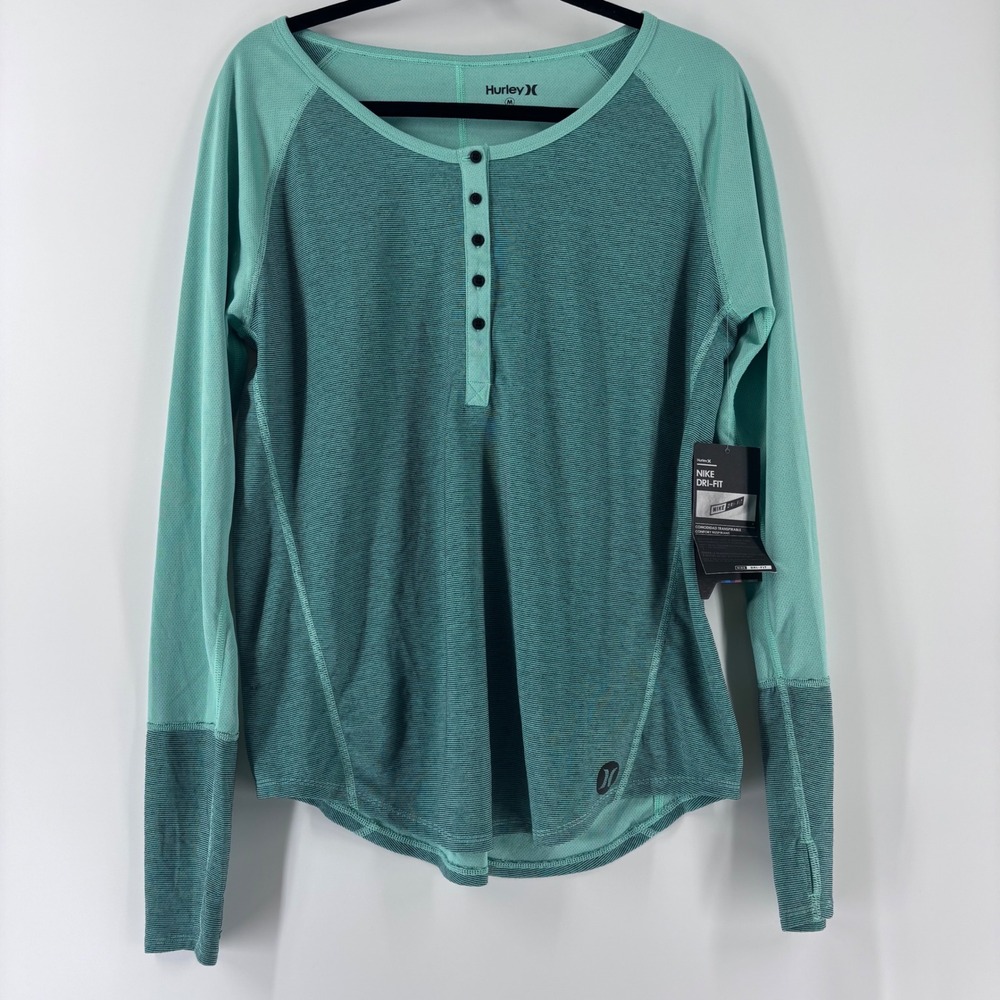 Hurley Henley Top Womens Medium Teal Nike Dri-FIT Long Sleeve Thumbhole NEW